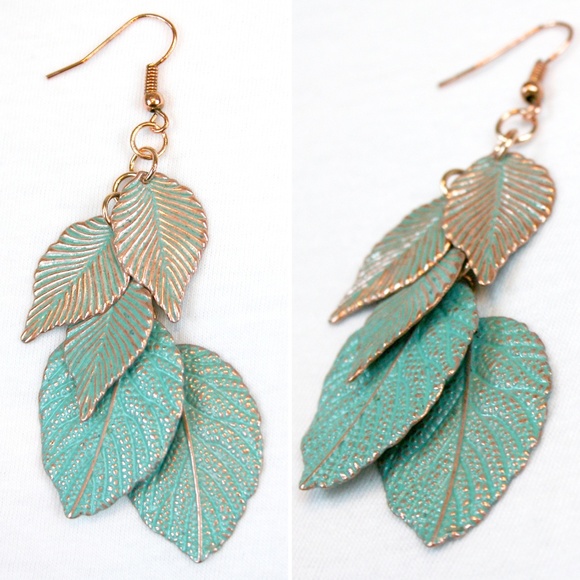 Faux Patina Leaf Drop Earrings NWOT - Picture 5 of 7